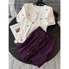 深セン南友高級スーツレディース夏スタイル刺繍トップ紫ショーツ薄型ランニング 2 点セット