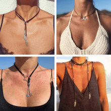 亚马逊热销合金树叶流苏极简风项链 复古波西米亚双层皮革绳饰品