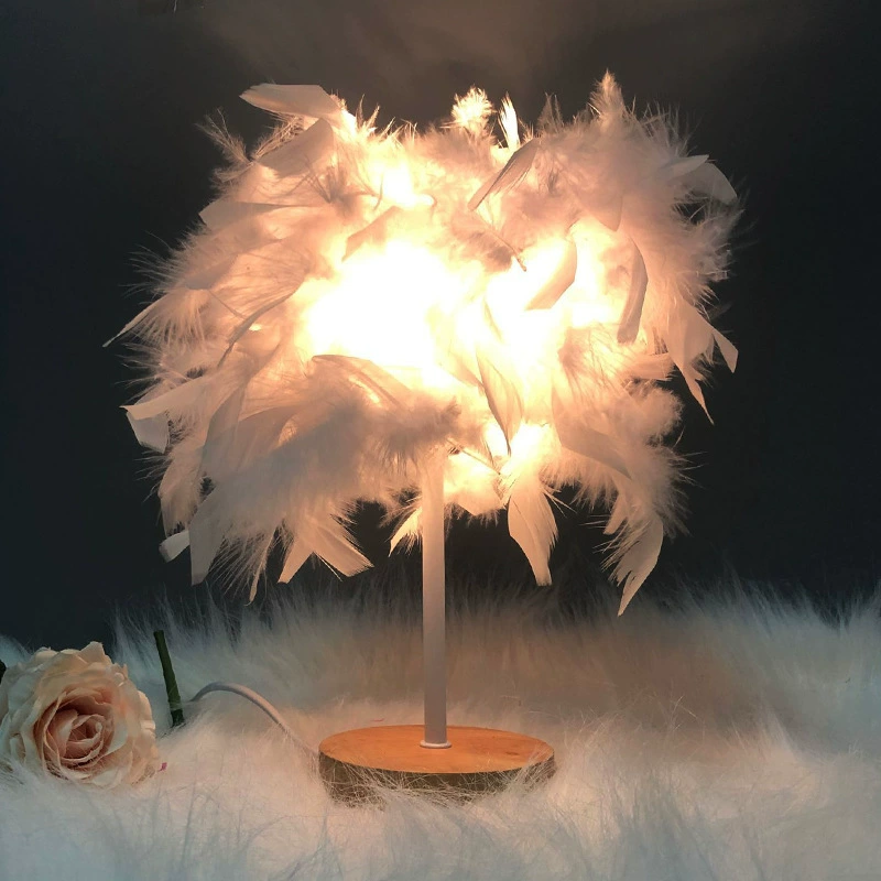 Table Lamp Feather Bedside Lantern, USB Rechargeable 1500 mAh, Touch Dimming, Wood Base