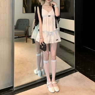 夏季新上款温柔小白花千金 少女吊带蕾丝V领吊带半裙休闲百搭套装