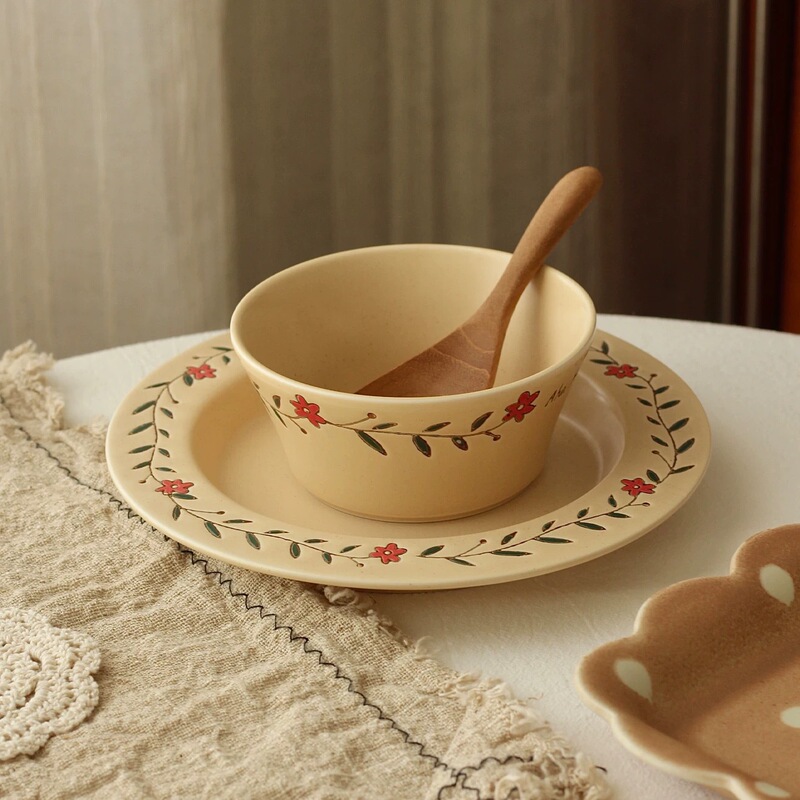 Aha Small Flower Series Retro Matte Underglaze Color Hand-Painted Small Flower Ceramic Tableware Coffee Cup and Saucer Pasta Dessert Bowl