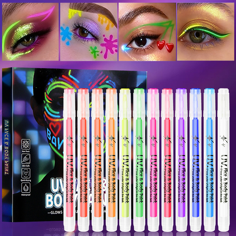 Popular 12-Color Uv Glow-In-The-Dark Body and Face Paint Pens, Acrylic Pens, Creative Graffiti Pens for Bar Parties