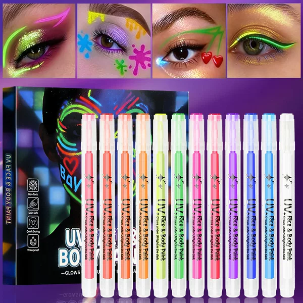 Popular 12-Color Uv Glow-In-The-Dark Body and Face Paint Pens, Acrylic Pens, Creative Graffiti Pens for Bar Parties