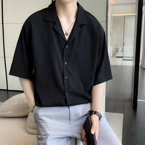 Japanese-style black Cuban collar men's summer thin short-sleeved drape shirt, youth cool style ice silk short-sleeved top