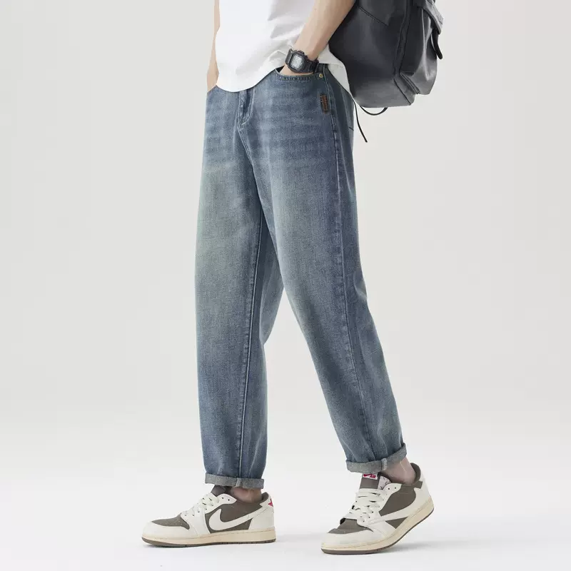 2025春季新款牛仔裤男士宽松直筒浅色水洗休闲潮牌春秋款九分裤子