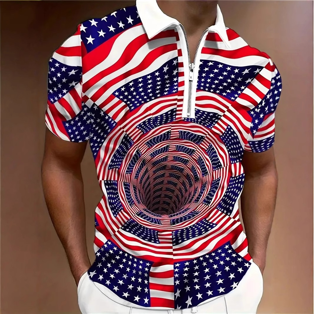 Camisa POLO con cremallera suelta de manga corta con estampado 3D de vórtice visual de bandera australiana clásica para hombres