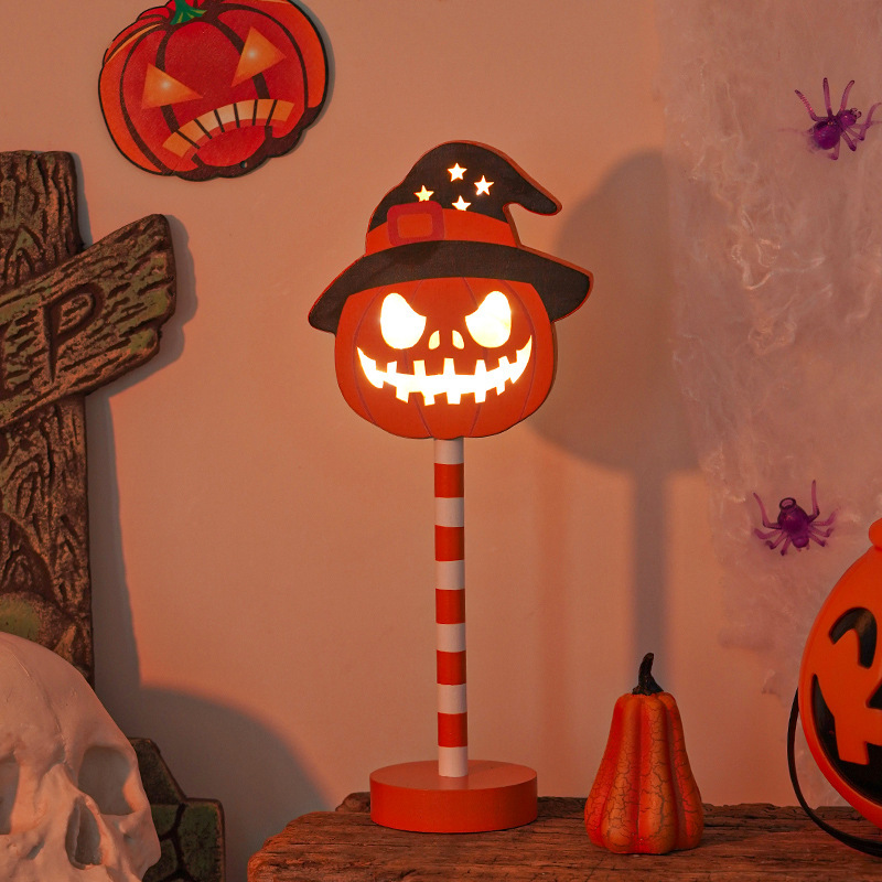 2024 Cross-border New Halloween Ghost Festival Shape LED Pumpkin Ghost Skeleton Head Wooden Decorative Night Light