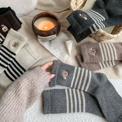 Wool Striped Girls Mid-Calf Socks for Autumn and Winter, Fleece Lined, Thick and Warm, Cute Cartoon Embroidered Puppy Pile Socks