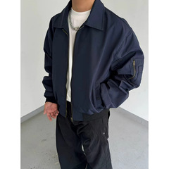 美式cleanfit外套男款春秋季翻领棒球服藏青色飞行员夹克男上衣服