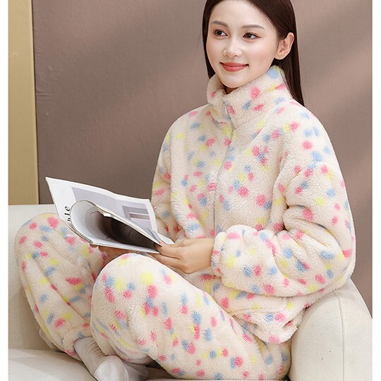 Coral Velvet Pajamas for Women Autumn and Winter Rainbow Polka Dot Print 2025 New Velvet Thickeneded Hooded Home Wear Set