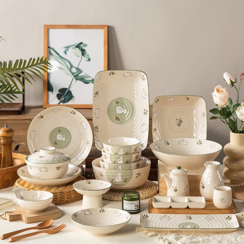 Cartoon Hepburn Rabbit Ceramic Bowl and Plate Set for Home Use, Underglaze Color Cute Rice Bowl and Plate, Japanese Style Tableware for Gift Cartoon Hepburn Rabbit Ceramic Bowl and Plate Set for Home Use, Underglaze Color Cute Rice Bowl and Plate, Japanese Style Tableware for Gift