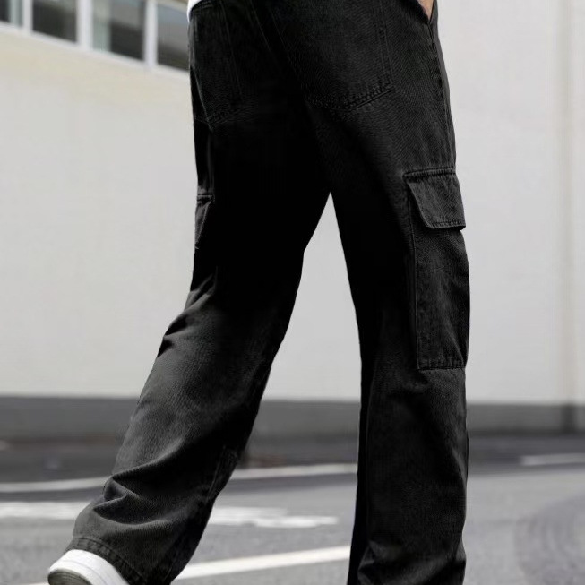 New Men's Four Seasons Black Straight Style Multi-Pocket Stitching Washed American Style Men's Jeans