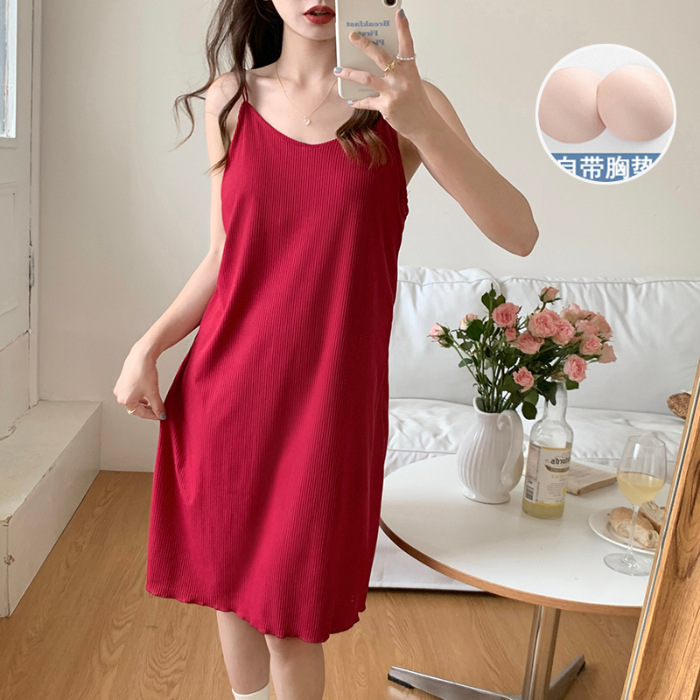 Pijamas de verano con almohadilla en el pecho sexy belleza volver Correa camisón las mujeres color sólido flojo dulce desgaste del hogar