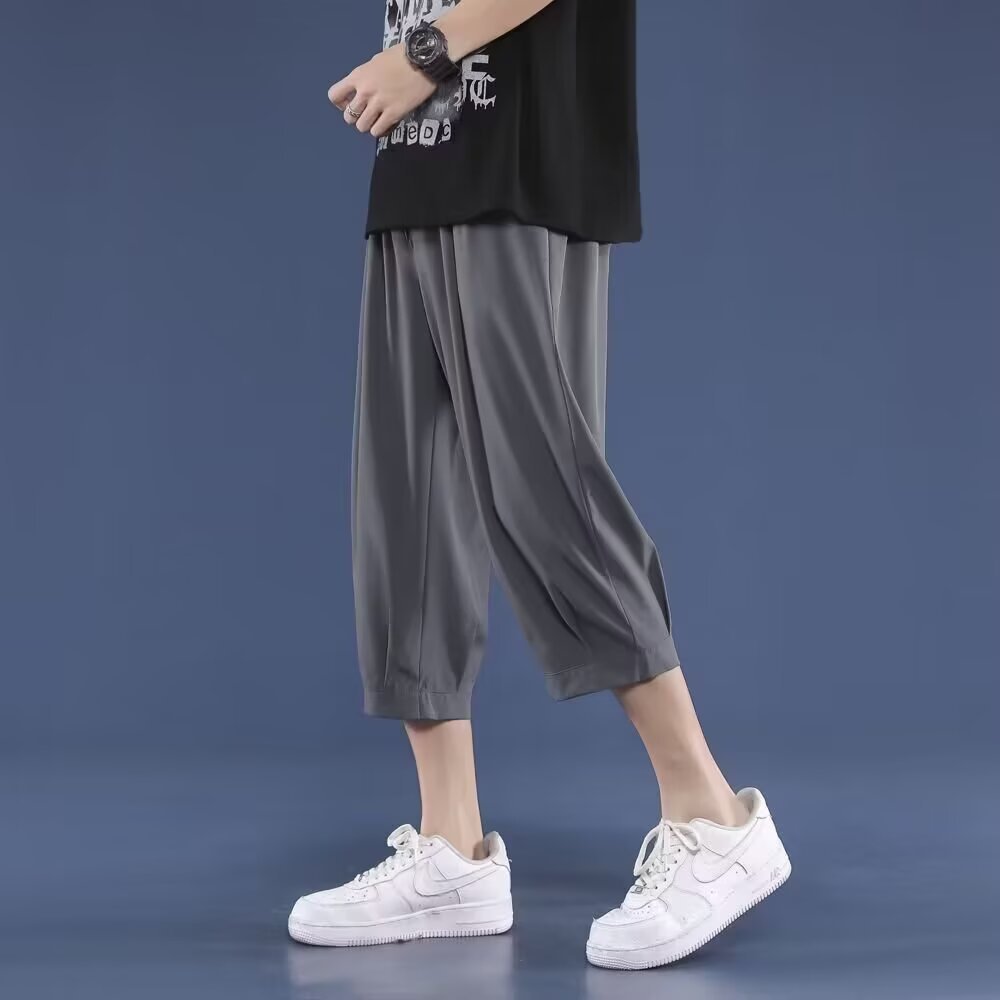 Men's Summer Thin Ice Silk Loose Plus-Size Sports Casual Shorts, Trendy Brand 7/8 Length Pants