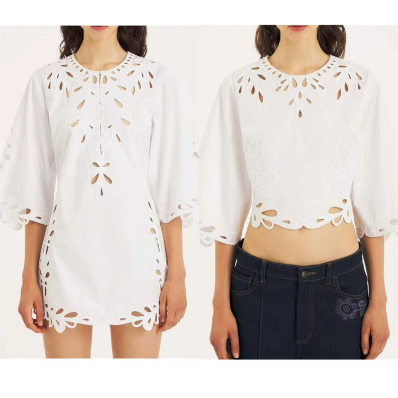 French-Style Niche 26 Spring/Summer Embroidered Hollow Lace Short Shirt Two-Piece Set with Mid-Sleeve Dress