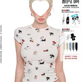 圆领猫狗印花短袖T恤紧身弹力童趣tee显瘦上衣女夏