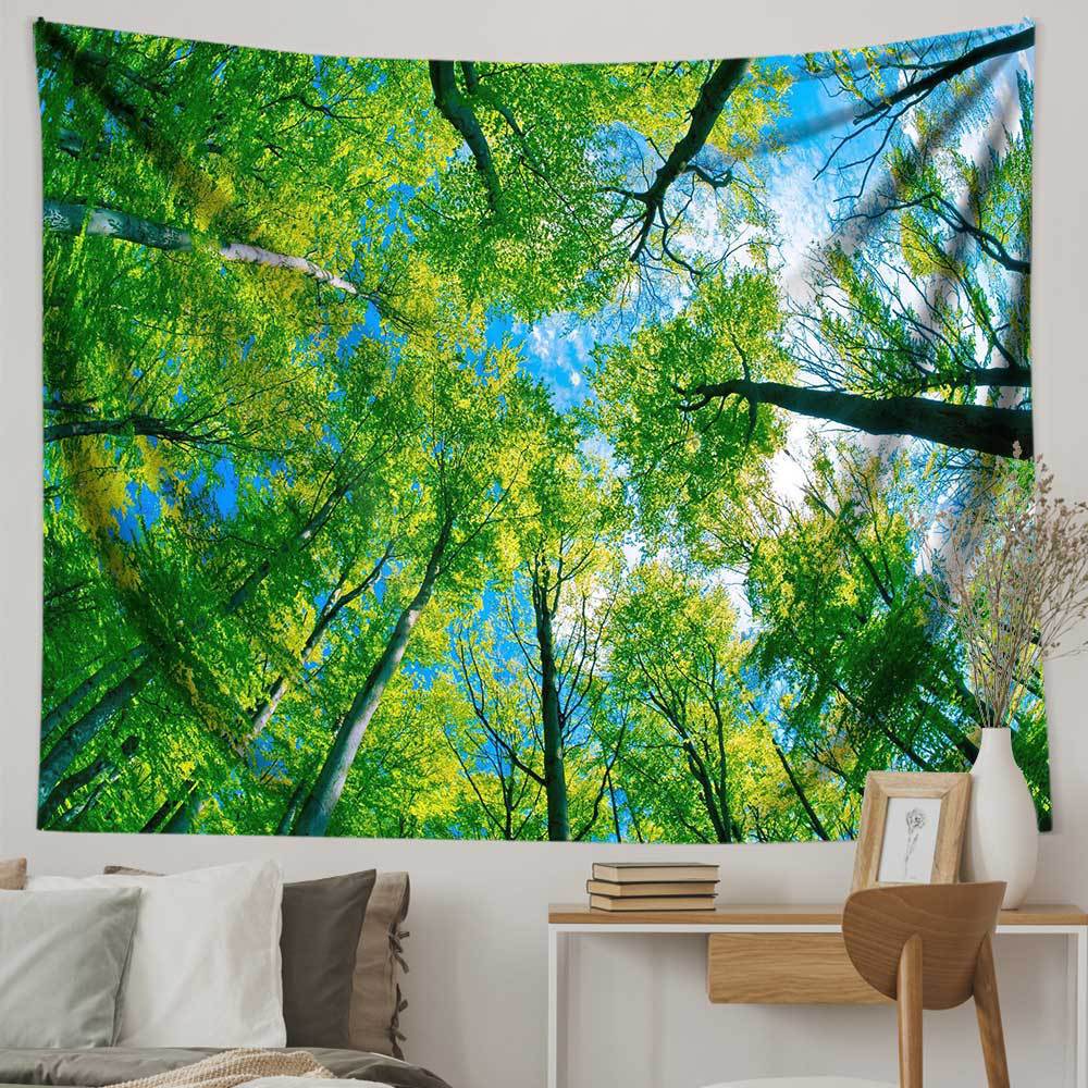 跨境新品北欧大自然风景绿色迷雾森林树林客厅房间床头出租屋挂毯