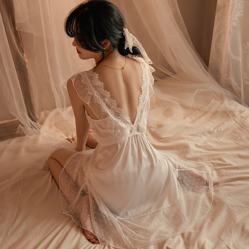 Puro deseo estilo de encaje pijamas de las mujeres del verano de malla delgada Correa Camisón con cuello en V de alto grado desgaste en el hogar tentación emocional