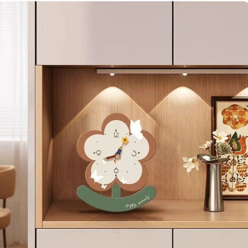 现代简约中古风桌面时钟摆台电视柜床头晶瓷面花卉钟表摆放装饰画