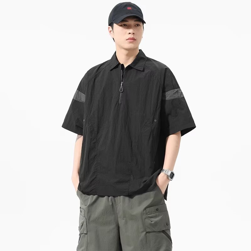 Cross-Border Japanese-Style Half-Zip Short-Sleeve Polo Shirt for Men, Outdoor Functional Workwear Top, Casual Sports Black Men's Clothing