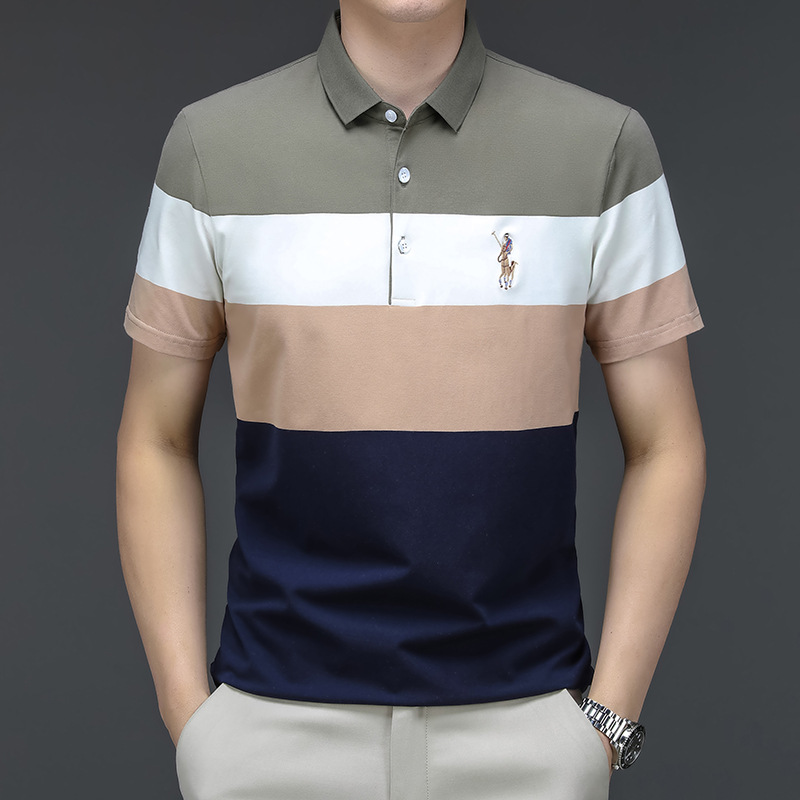 Exclusivo transfronterizo para verano nuevo estilo de algodón bordado de manga corta camiseta de hombre a rayas casual solapa de gran tamaño camisa POLO para hombre