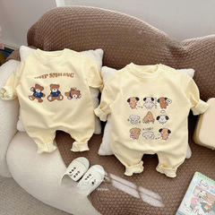 Spring Cream Style Baby Clothes Cotton Soft Boy and Girl Onesie Beige Lembin Bear Hanger Crawling Suit