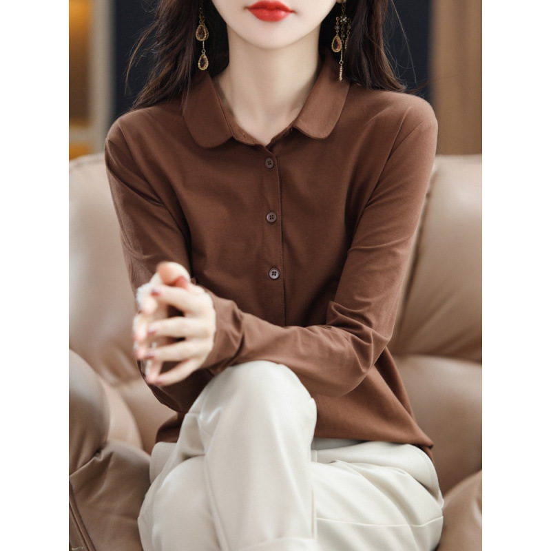 纯棉长袖衬衣2025春秋新款时尚宽松显瘦衬衫Polo翻领排扣上衣女装|undefined