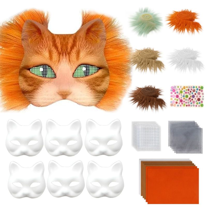 猫脸面具DIY套装包括空白猫面具毛绒人造毛皮织物刷塑料网片|undefined