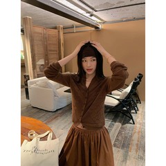 趋梦DT ETOLIE呼吸感网孔镂空针织开衫女秋可露丽提花v领长袖上衣