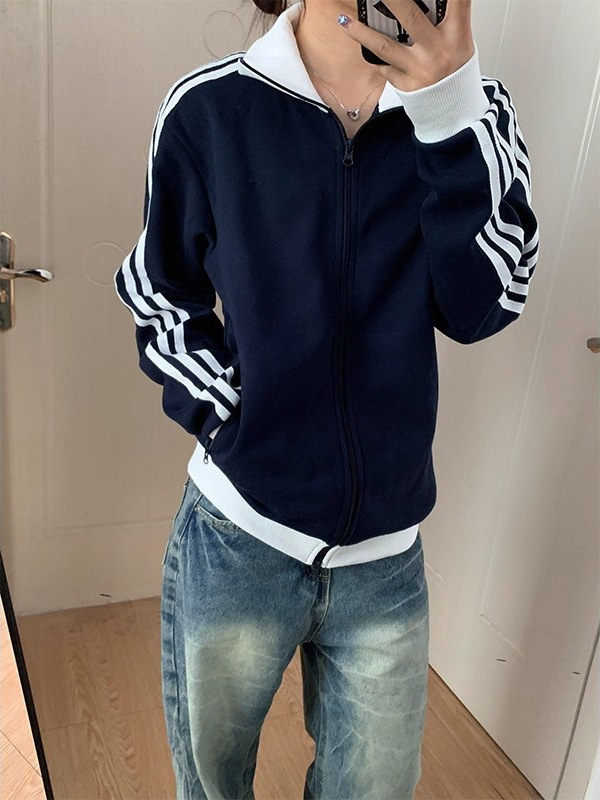 藏青色三条杠开衫卫衣男秋季短款条纹运动外套美式立领棒球服夹克|undefined