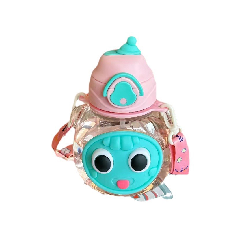 Botella de agua infantil con pajilla, diseño ojos grandes, plástico deportivo image 6