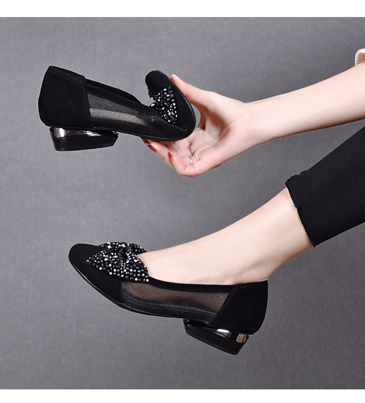 Sandal nữ đế bệt da thật mũi tròn gót vuông quai chữ V nơ bướm thoáng khí — Màu đen chi tiết 15