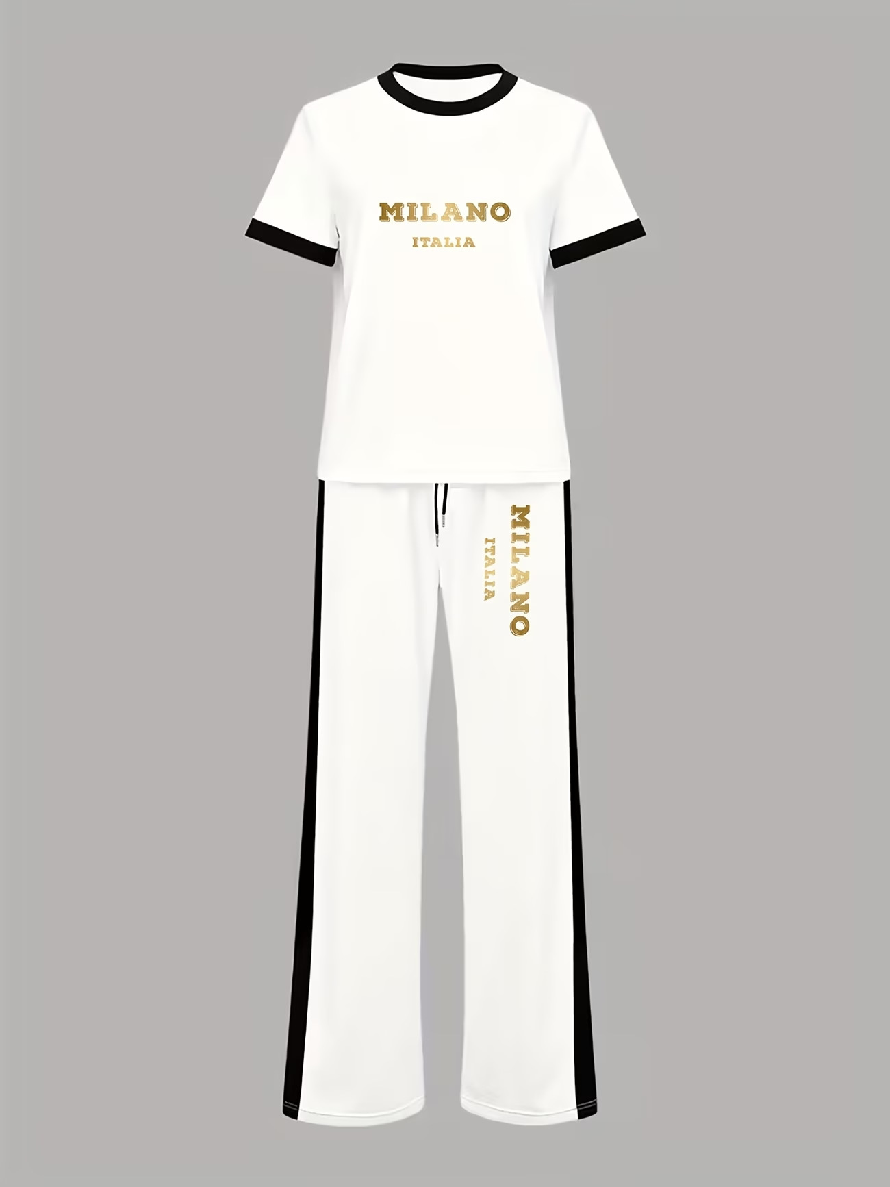 Women's Italian Style Commuter Short Sleeved Shirt And Shorts Set Loose Fit Gold Letter Print Two Piece Outfit_ecoleips.com