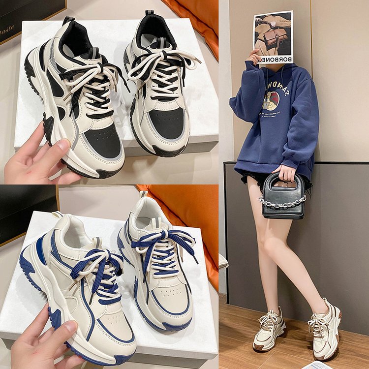 European Platform Thick-Soled Dad Shoes for Women, 2022 Autumn and Winter Color-Block Casual Sports White Sneakers, Trendy and Popular Style