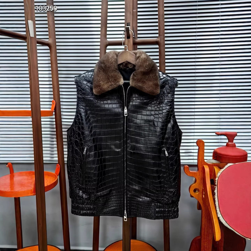 Genuine Leather Vest for Men, Made of Nile Crocodile Skin and Mink Fur, Winter Warm Vest for Middle-Aged and Elderly Men