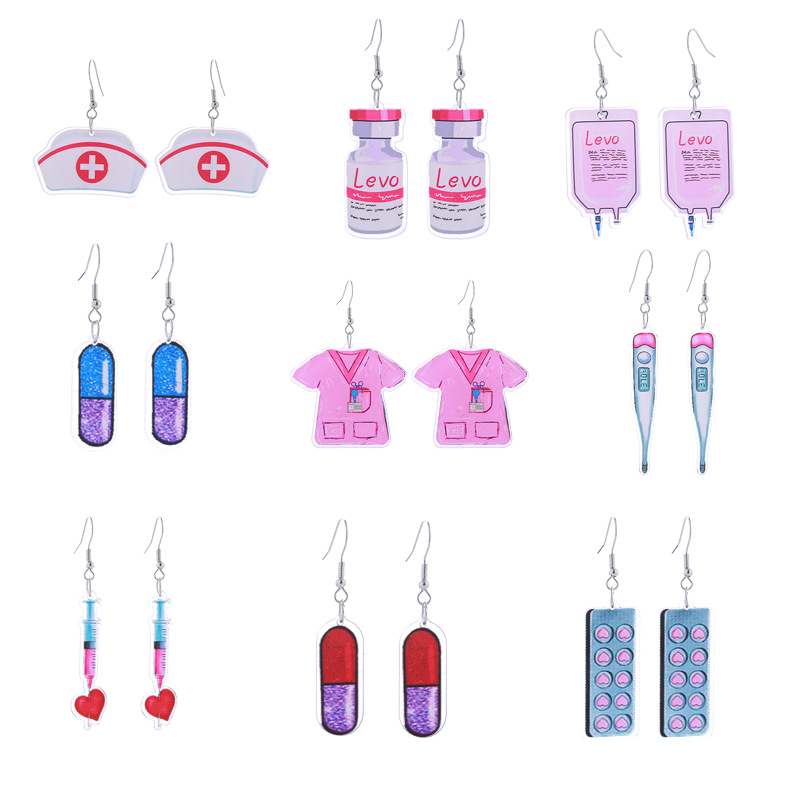 European and American cross-border nurse festival fun acrylic earrings pink nurse clothes personality capsule pill thermometer eardrops
