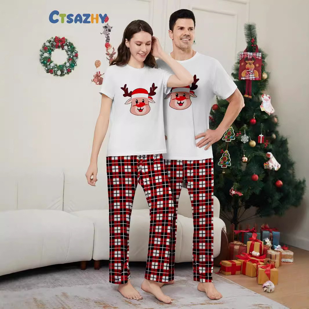 Christmas Short-sleeved Christmas fawn plaid Christmas family print home dress pajamas_viptrois.com