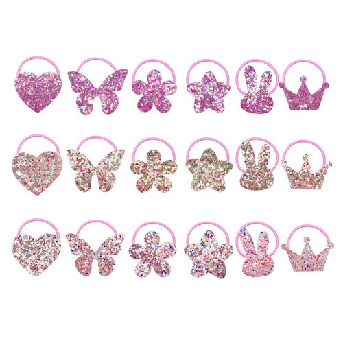 18-piece children's hair rope set, glitter Glitter rubber band, love butterfly, flower, star, rabbit crown headband