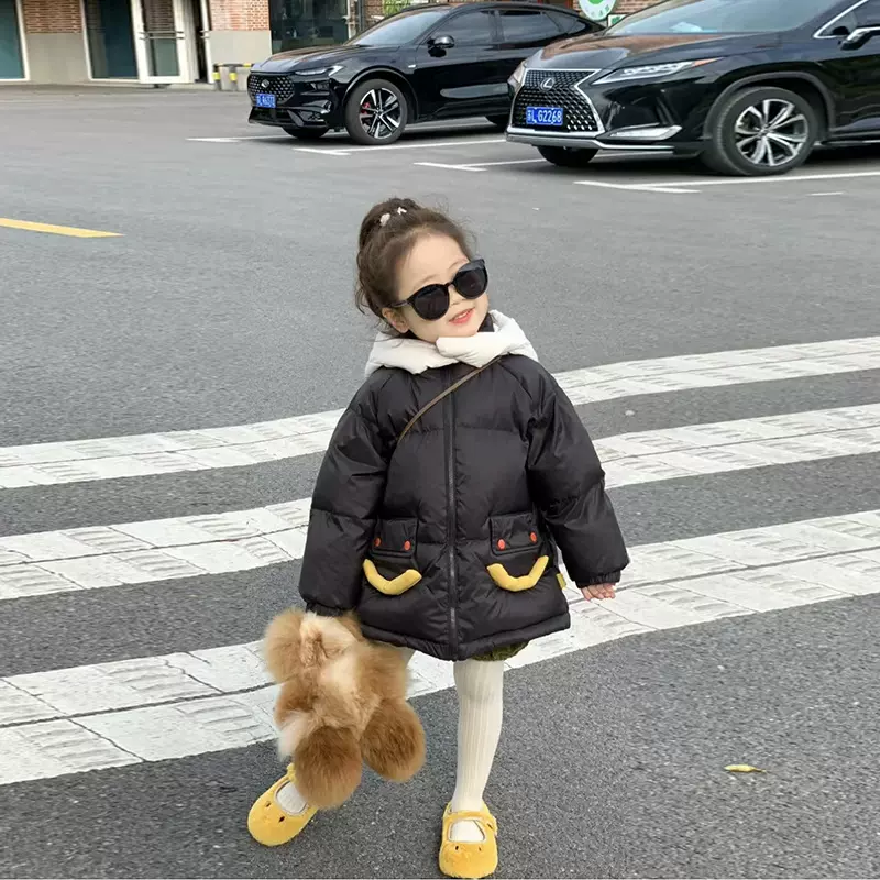 女童冬装2022新款洋气羽绒服韩版卡通笑脸撞色加厚保暖连帽外套潮