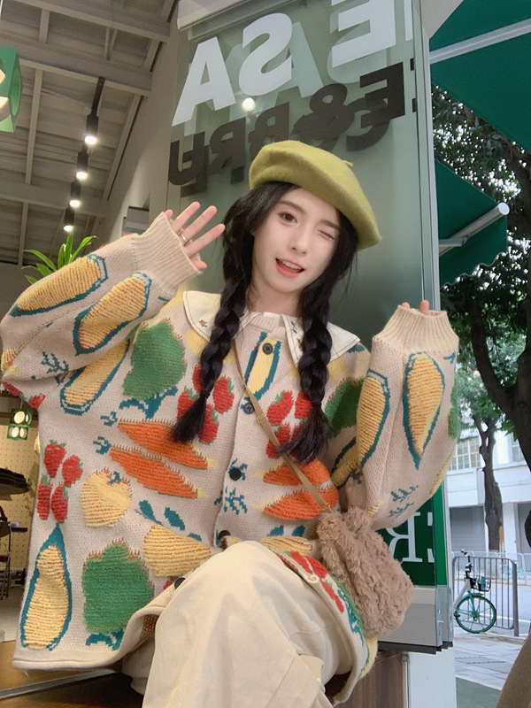 重工提花撞色森系保暖毛衣开衫外套女秋冬2025新款宽松针织衫上衣|undefined