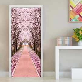 创意3D门贴翻新自粘贴纸装饰卧室客厅墙贴门贴粉红色樱桃路货源