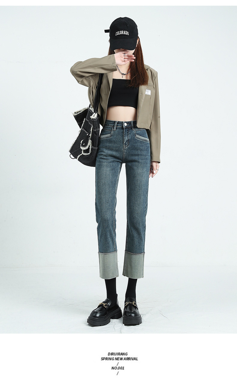 Rolled-up high-waisted straight-leg jeans for women in spring, Korean style, elastic and slimming, making you look petite. Trendy cigarette tube pants pic 1