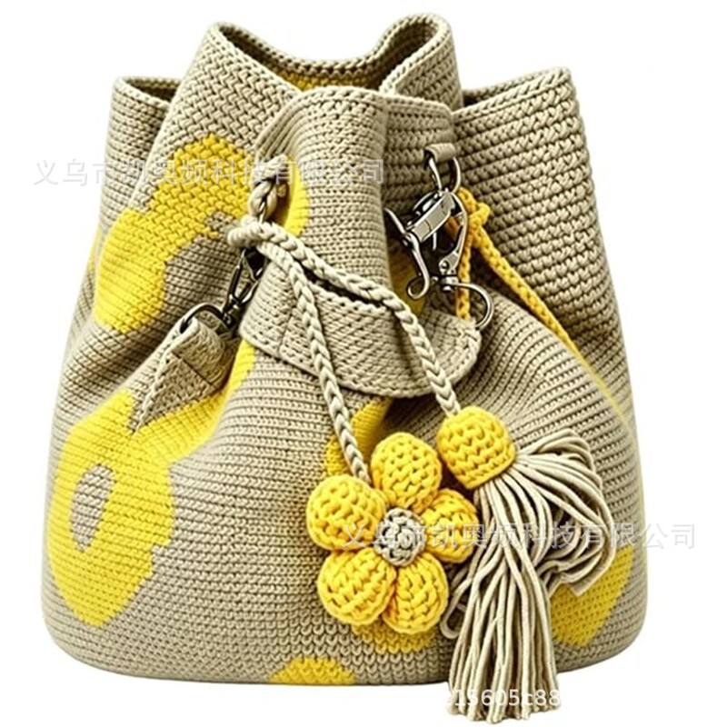 Handmade Crochet Flower Bucket Bag for Women, Cross-Border Hot-Selling Woven Shoulder Bag, Large Capacity Tassel Tote Bag