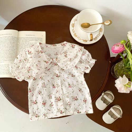 Girls floral shirts baby solid color baby doll collar summer short-sleeved T-shirts fashionable and versatile tops