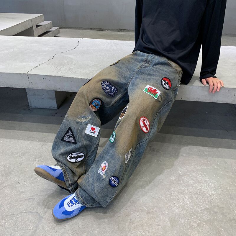 2026 New Trendy Brand Personalized Loose Straight Blue Washed Faux Print Jeans Men's Jeans 2026 New Trendy Brand Personalized Loose Straight Blue Washed Faux Print Jeans Men's Jeans