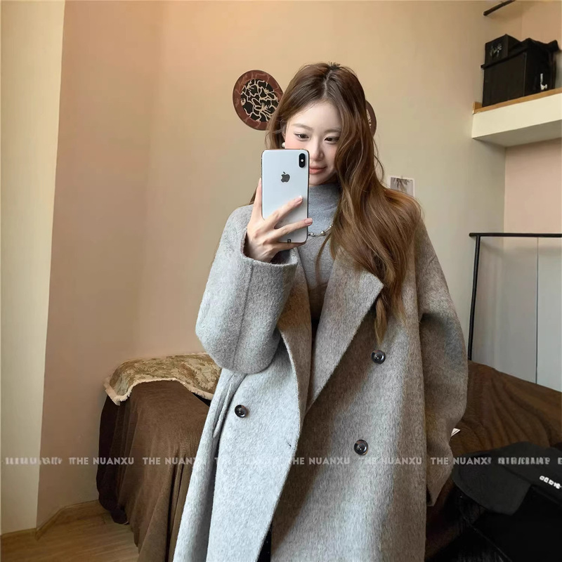 Gray Double-Sided Wool Coat for Women, High-End, Petite, Mid-Length, Korean-Style Oversized Woolen Cashmere Coat for Winter Gray Double-Sided Wool Coat for Women, High-End, Petite, Mid-Length, Korean-Style Oversized Woolen Cashmere Coat for Winter