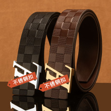 不锈钢板扣皮带男士真皮格纹平滑内扣内穿纯头层牛皮商务时尚高档