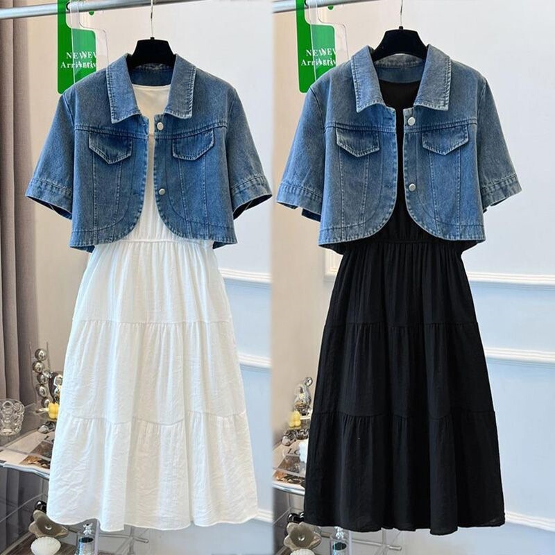High-Waisted A-Line Tank Top Dress 2026 Summer New Style Short Denim Jacket Pleated Patchwork Dress Two-Piece Set High-Waisted A-Line Tank Top Dress 2026 Summer New Style Short Denim Jacket Pleated Patchwork Dress Two-Piece Set