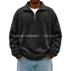2025秋冬新款跨欧美男士半拉链纯色做旧卫衣 休闲宽松翻领卫衣男