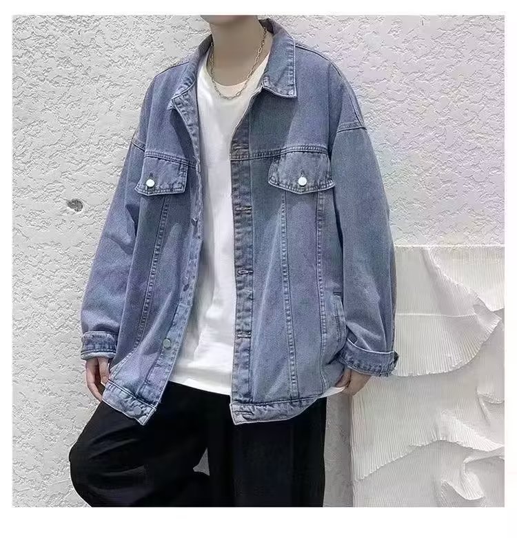 1 Men's Denim Jacket Autumn New Hong Kong Loose Japanese American Style Coat Top_viptrois.com